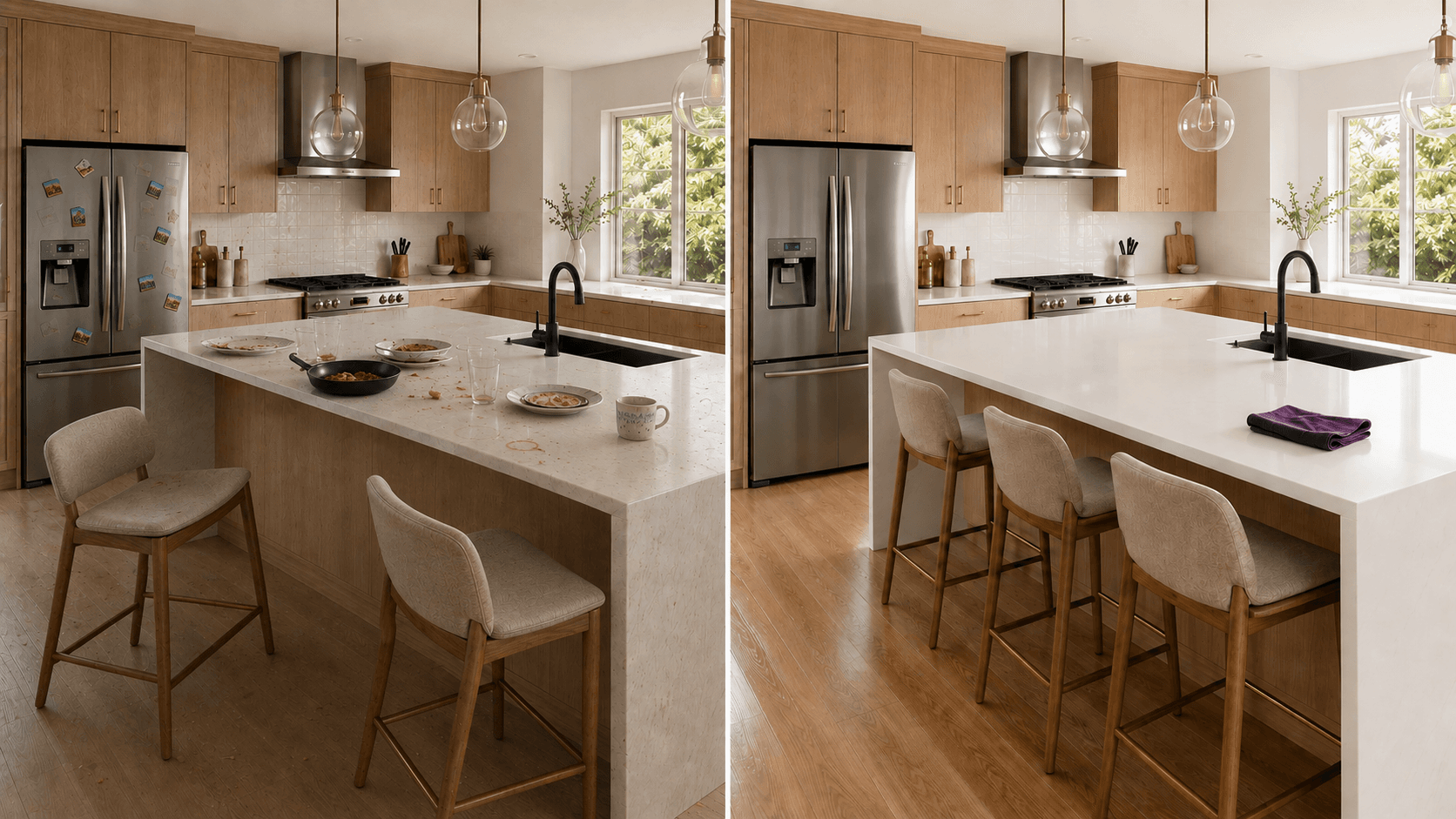 Kitchen before and after cleaning: dishes and crumbs on the left, clear countertops and a tidy kitchen on the right.