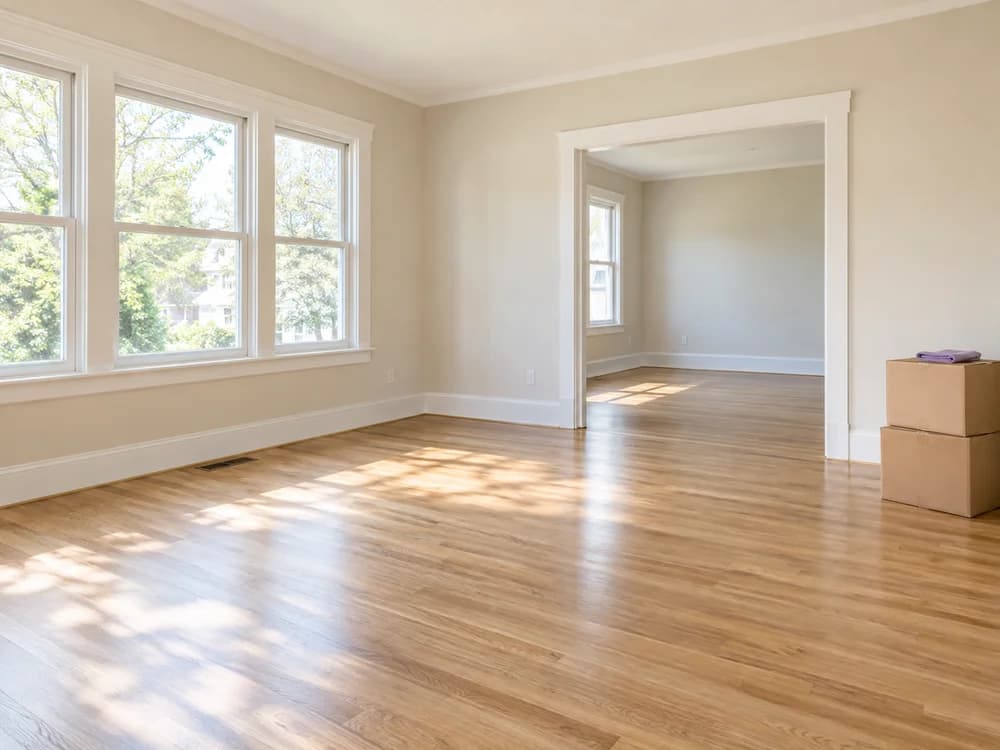 An empty home with clean wood floors and moving boxes, ready for new occupants.