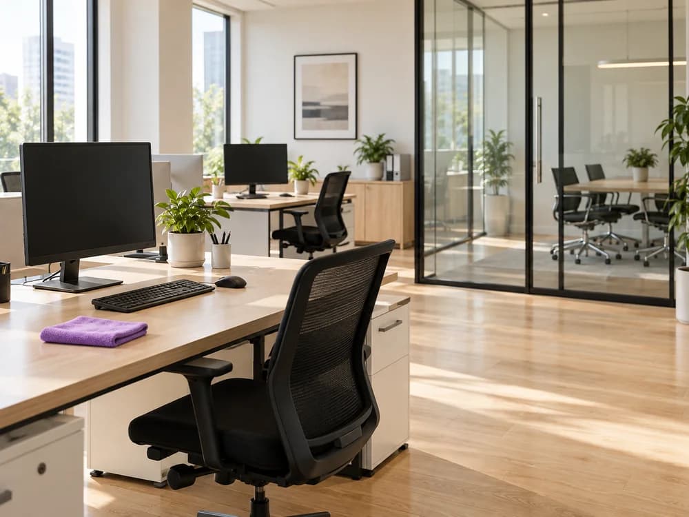 A tidy office with clean desks, wood floors, and a glass meeting room.